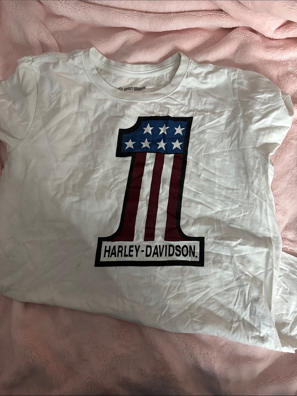 Harley-Davidson White Tee with Red and Blue '1' Flag Graphic